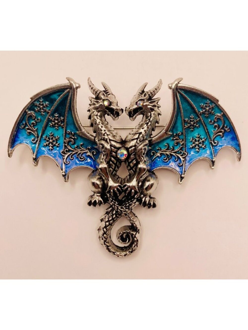 Two-Headed Dragon Brooch Pin Blue Enamel Wings Silver-Tone Fantasy -21B